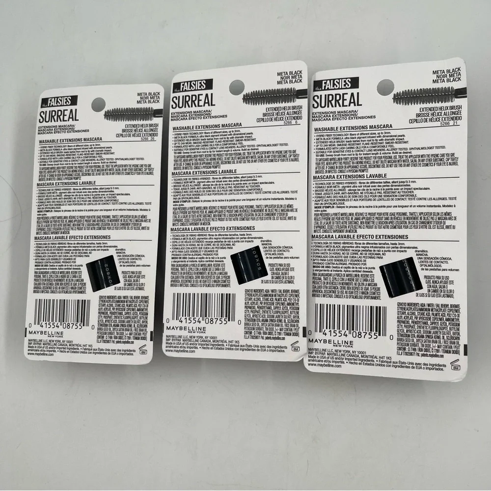 Lot of 3-Maybelline Falsies SURREAL Extension Washable Mascara Makeup-Meta Black